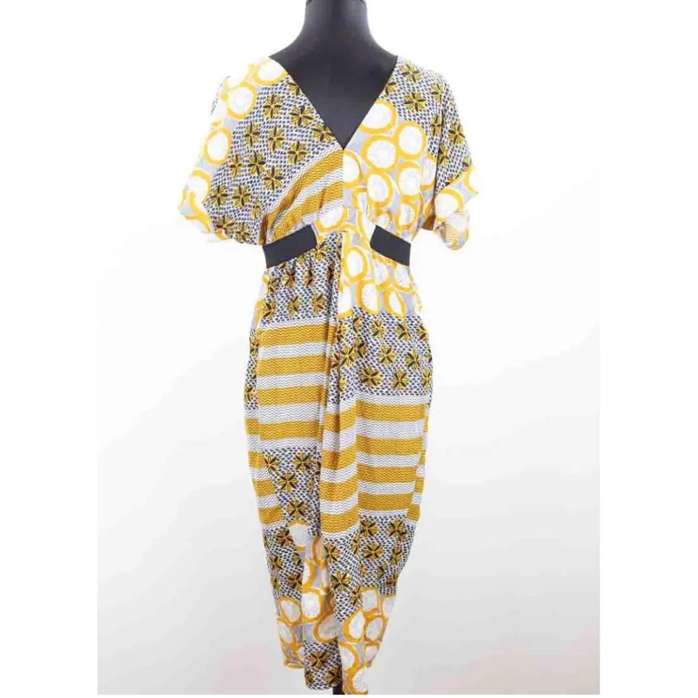 Jane wood Made in France size 2 white yellow navy elastic waist dress